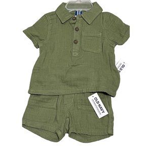 Old Navy 0-3m SET NWT olive green 2pc shorts collared shirt cotton gauze